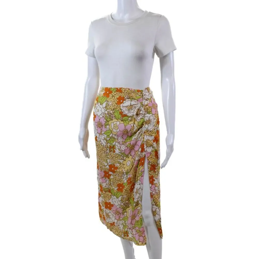 Rahi Womens Ruched Floral Print Zip Up Mid-Calf Skirt Multicolor Size M